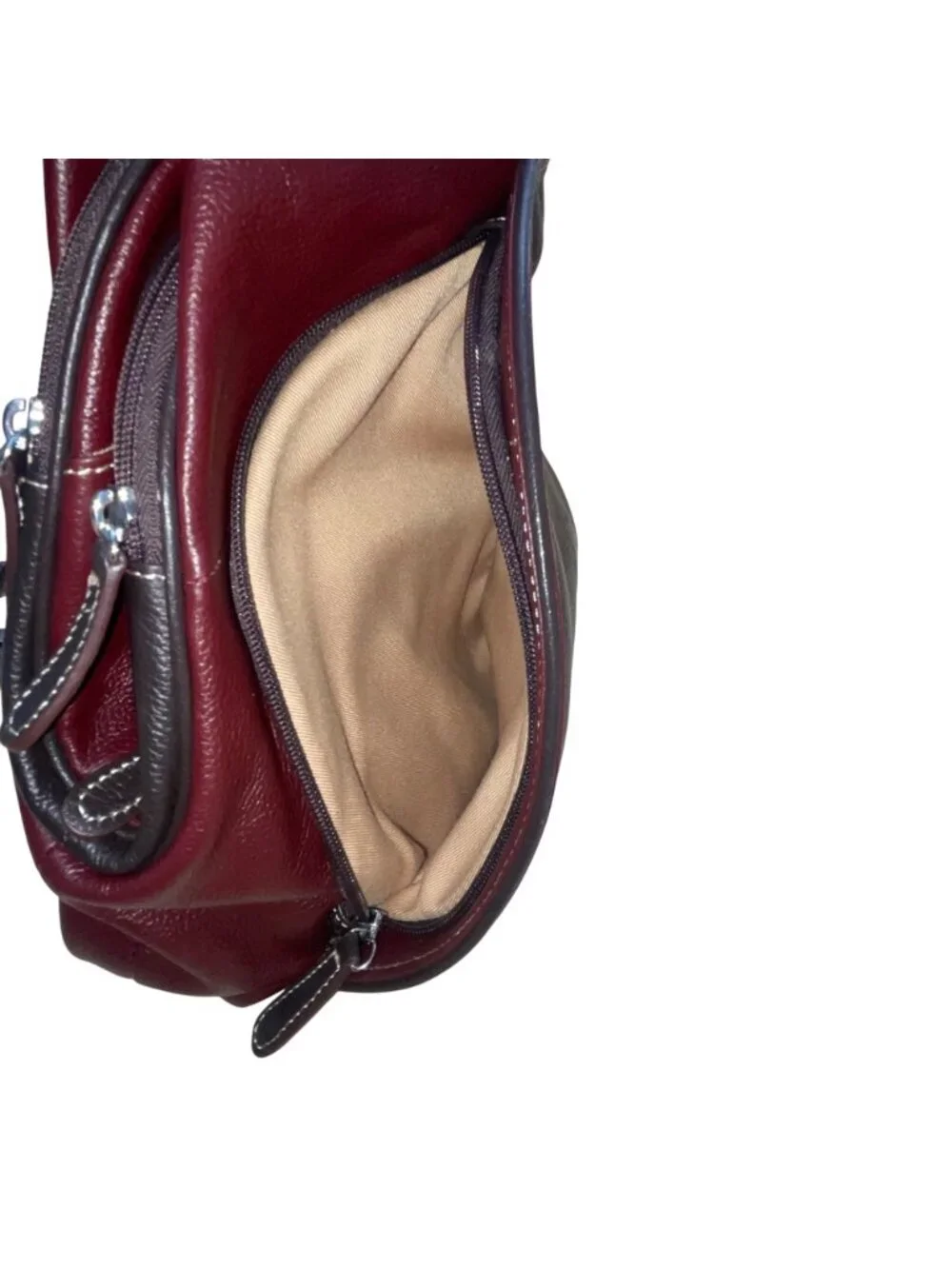 Women’s Burgundy Leather Multiple Compartments Sling Adjustable Straps Backpack